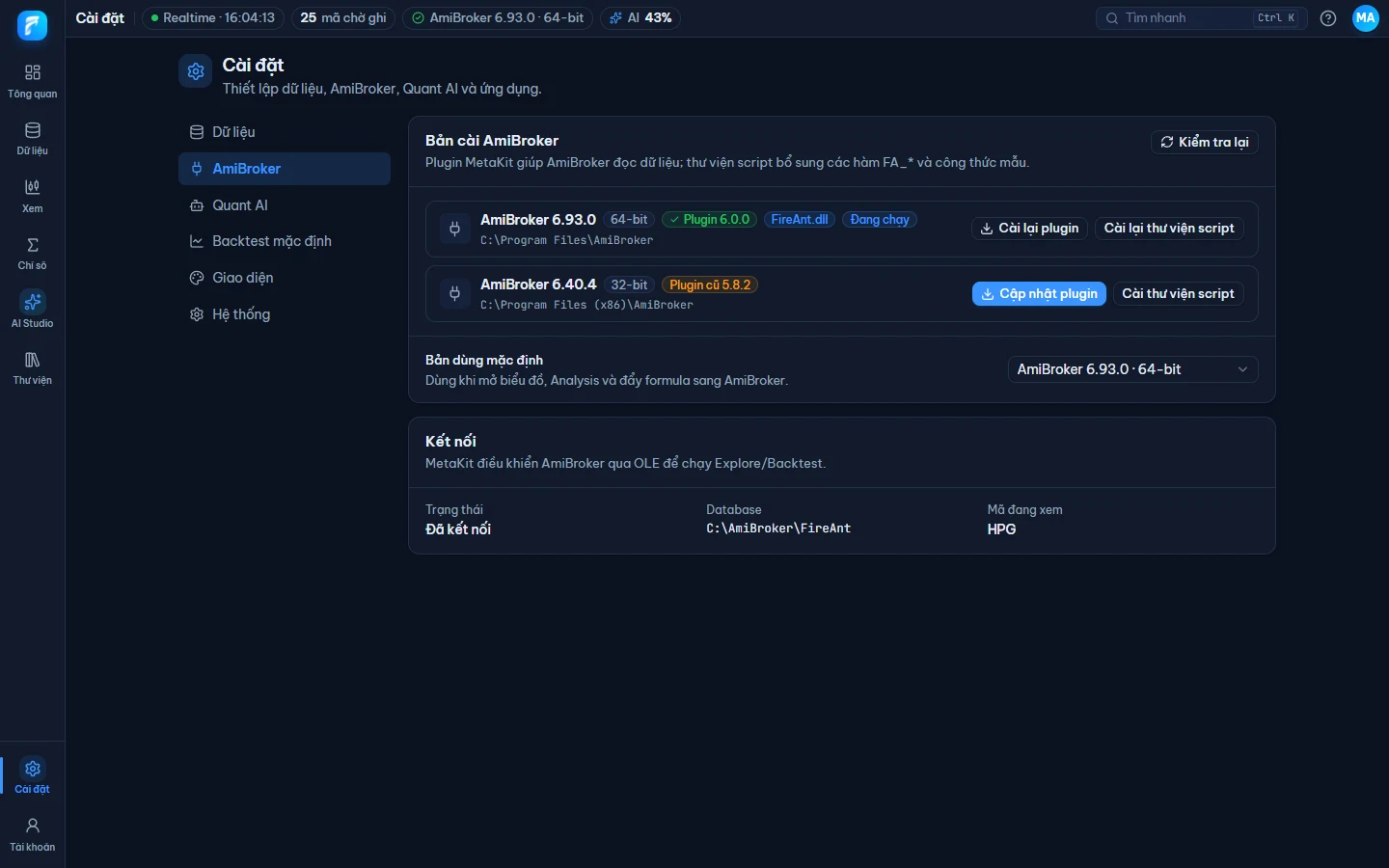 Cài đặt AmiBroker: các bản AmiBroker trên máy, trạng thái plugin và nút cài plugin